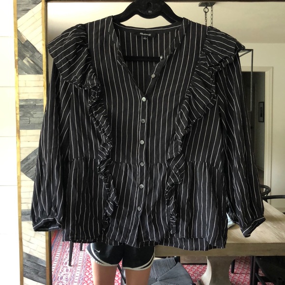 Madewell Black and White Blouse with Ruffles - Picture 5 of 7